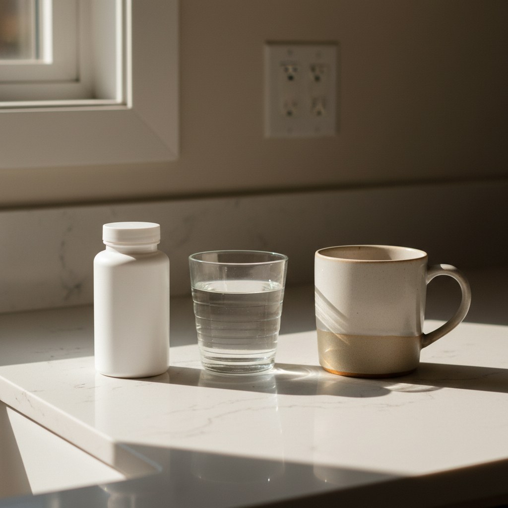 White magnesium bottle on a kitchen counter beside a glass of water and a mug in morning light
